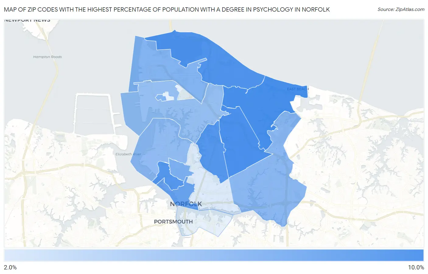 Zip Codes with the Highest Percentage of Population with a Degree in Psychology in Norfolk Map
