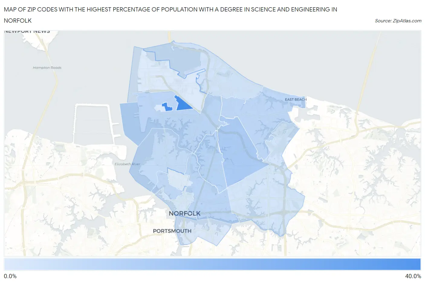 Zip Codes with the Highest Percentage of Population with a Degree in Science and Engineering in Norfolk Map