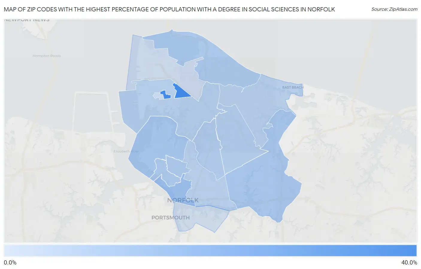 Zip Codes with the Highest Percentage of Population with a Degree in Social Sciences in Norfolk Map