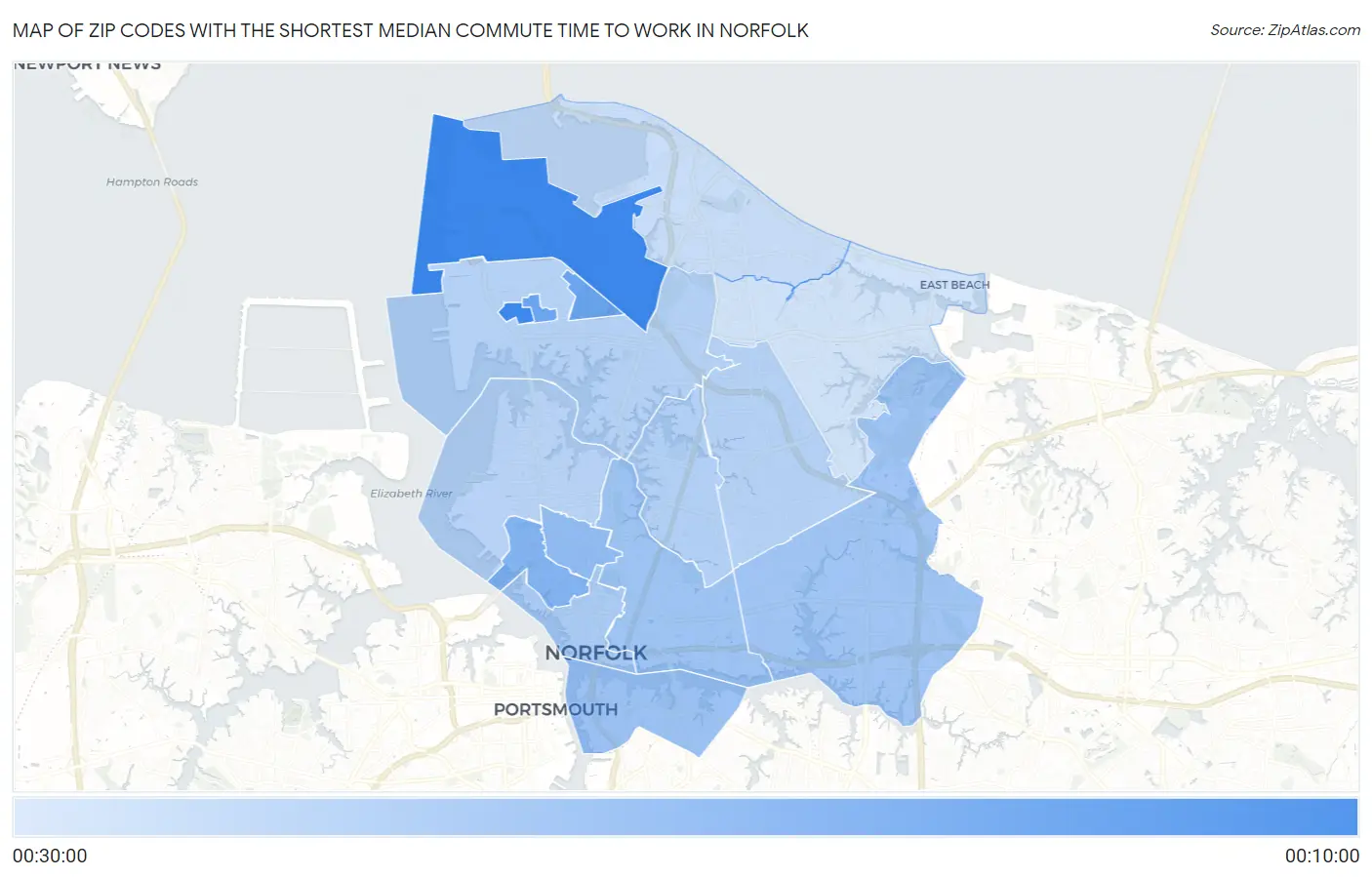 Zip Codes with the Shortest Median Commute Time to Work in Norfolk Map