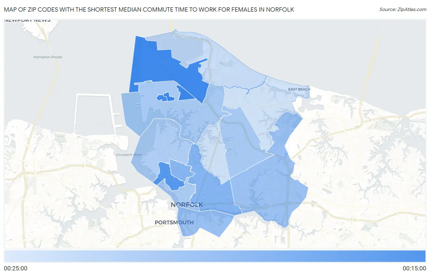 Zip Codes with the Shortest Median Commute Time to Work for Females in Norfolk Map