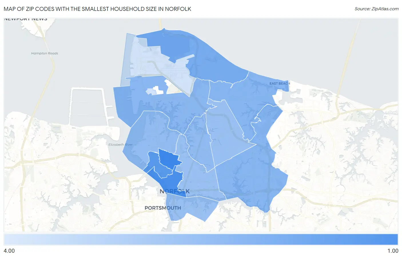 Zip Codes with the Smallest Household Size in Norfolk Map