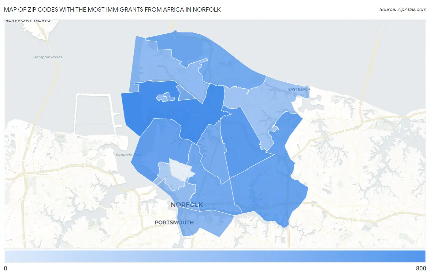 Zip Codes with the Most Immigrants from Africa in Norfolk Map