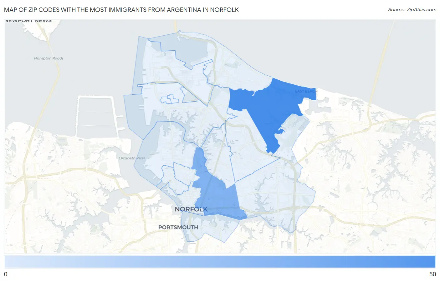 Zip Codes with the Most Immigrants from Argentina in Norfolk Map