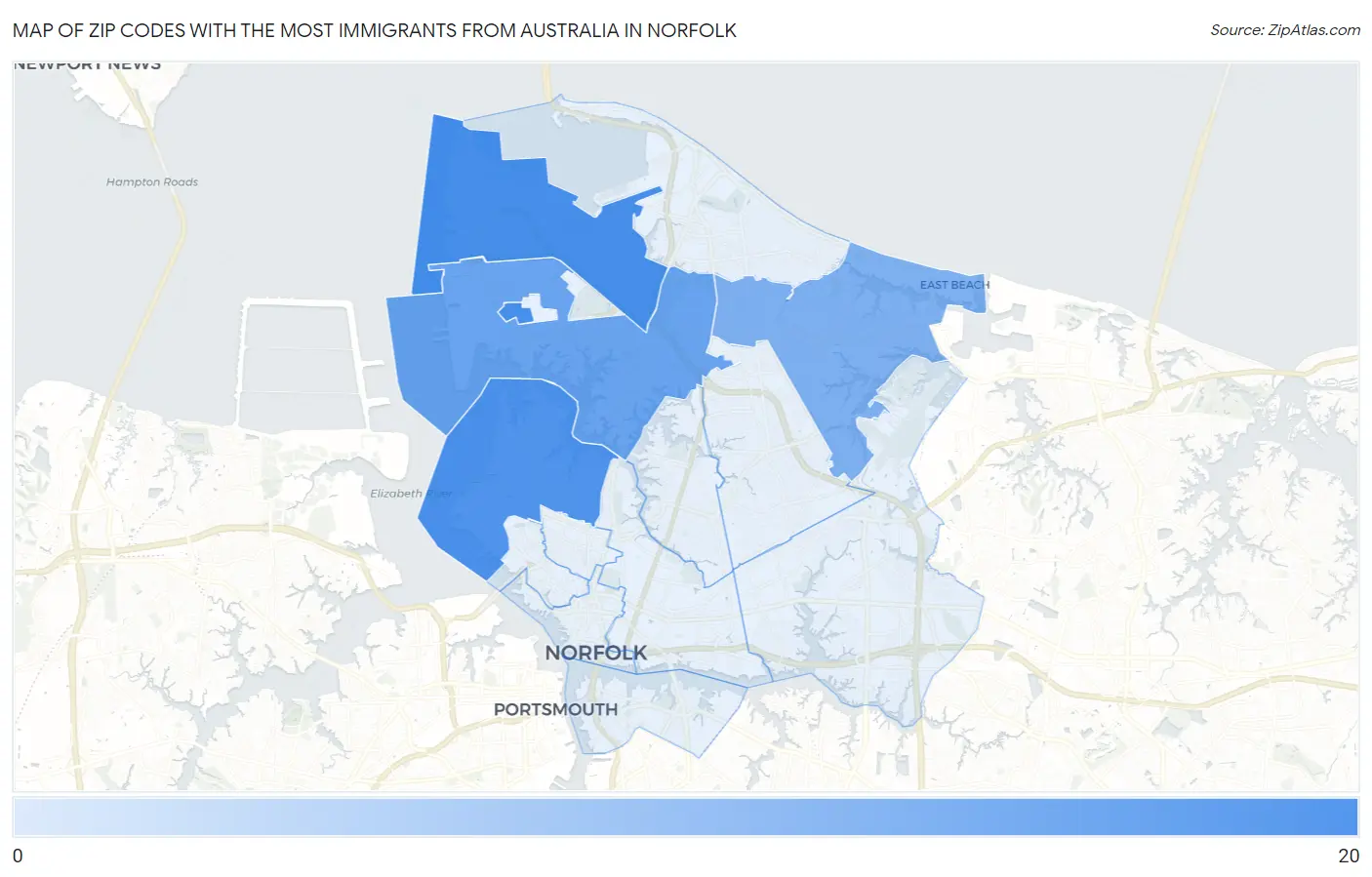 Zip Codes with the Most Immigrants from Australia in Norfolk Map