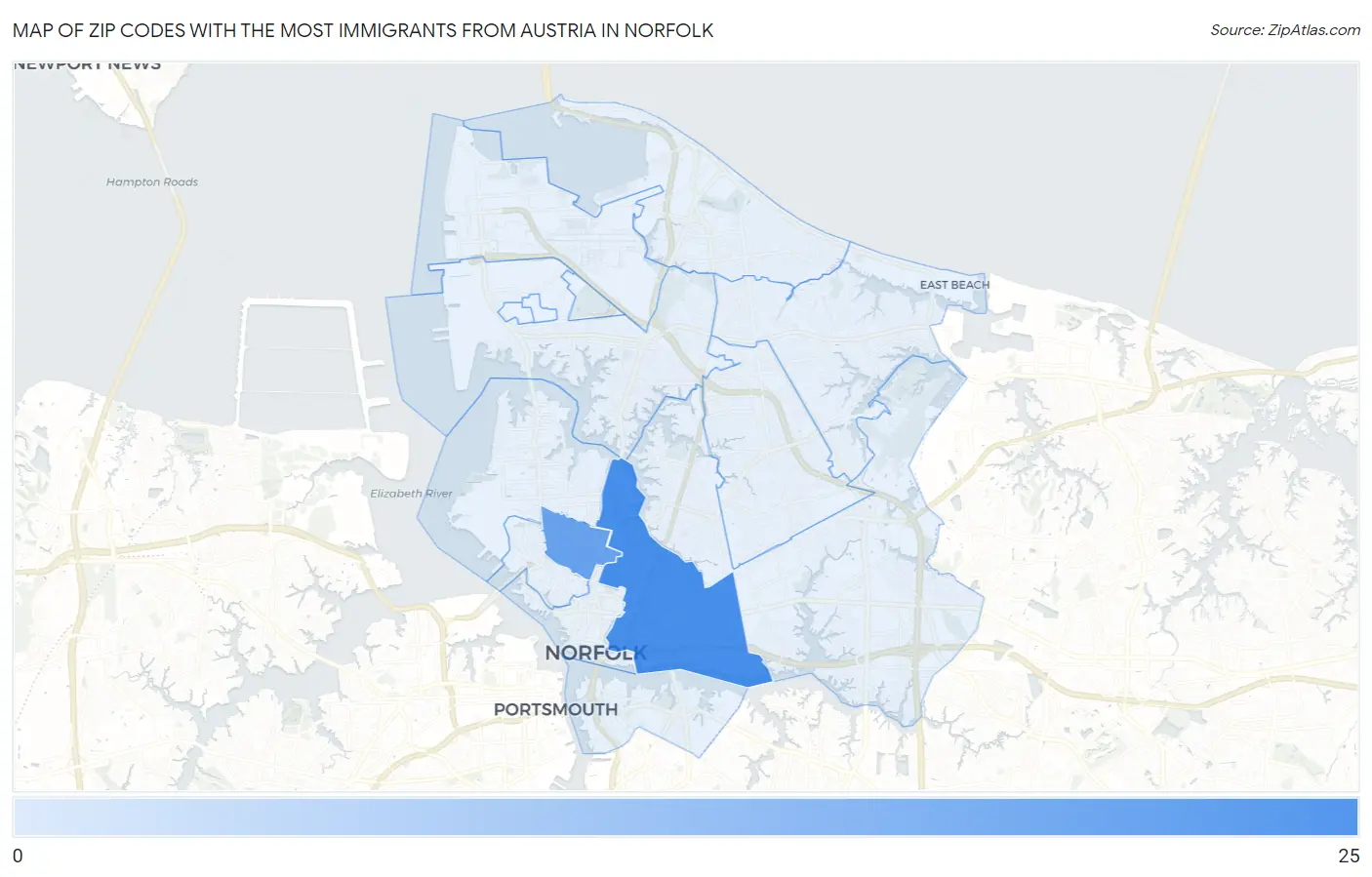 Zip Codes with the Most Immigrants from Austria in Norfolk Map