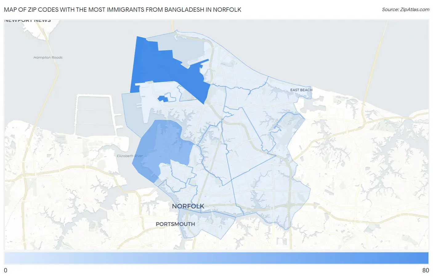 Zip Codes with the Most Immigrants from Bangladesh in Norfolk Map