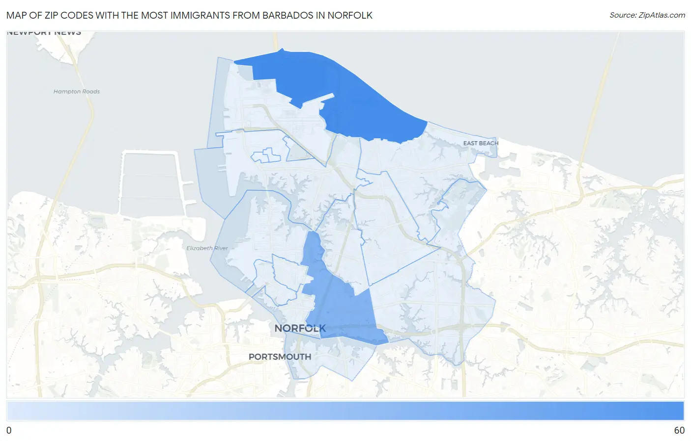Zip Codes with the Most Immigrants from Barbados in Norfolk Map
