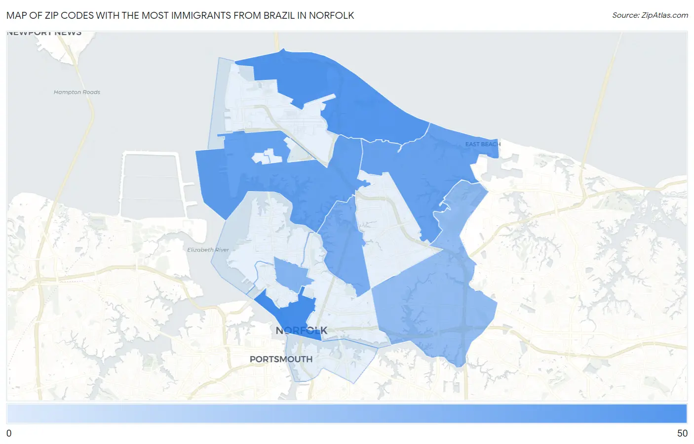 Zip Codes with the Most Immigrants from Brazil in Norfolk Map