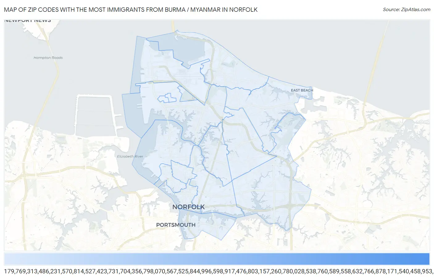 Zip Codes with the Most Immigrants from Burma / Myanmar in Norfolk Map
