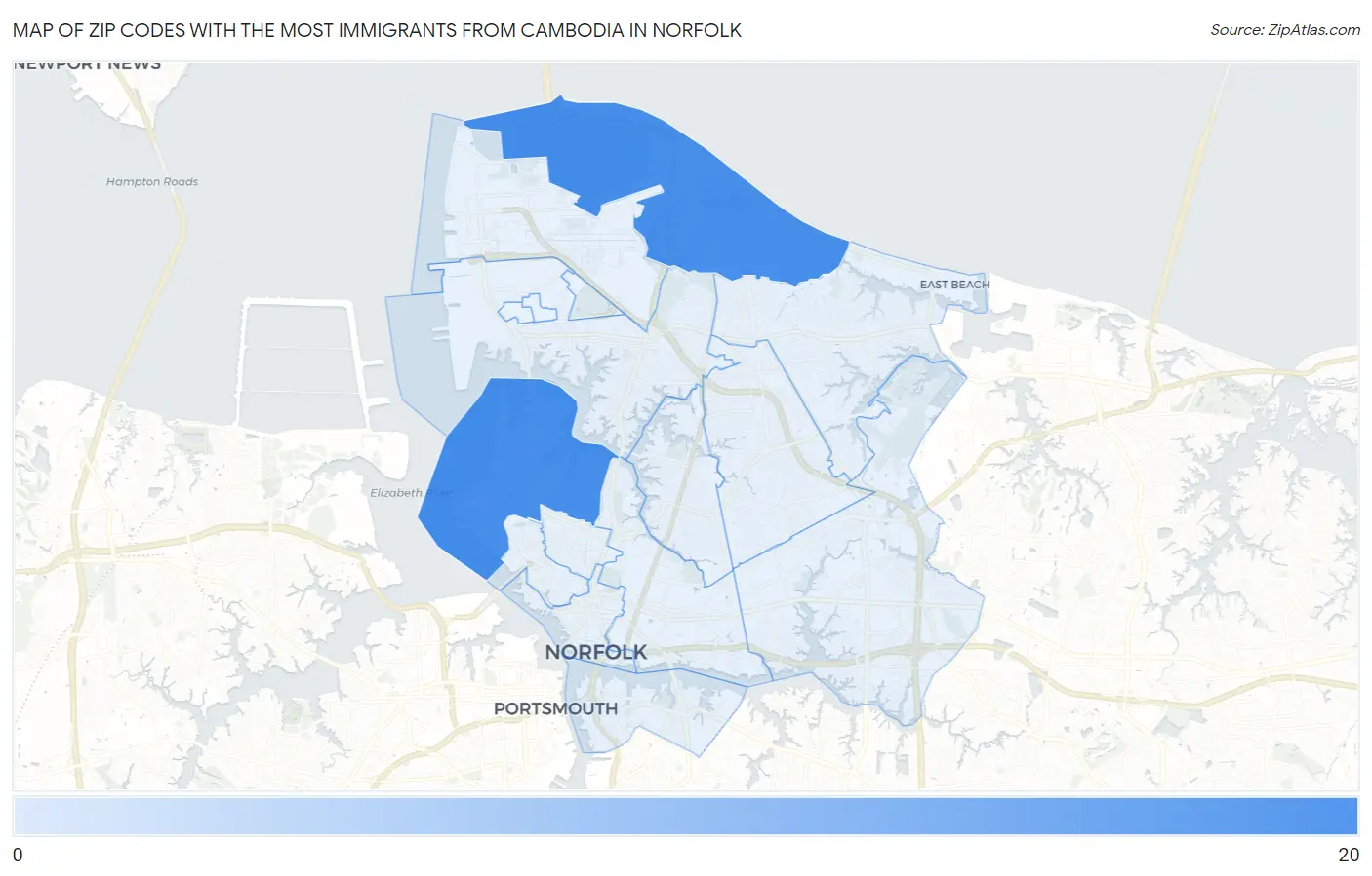 Zip Codes with the Most Immigrants from Cambodia in Norfolk Map
