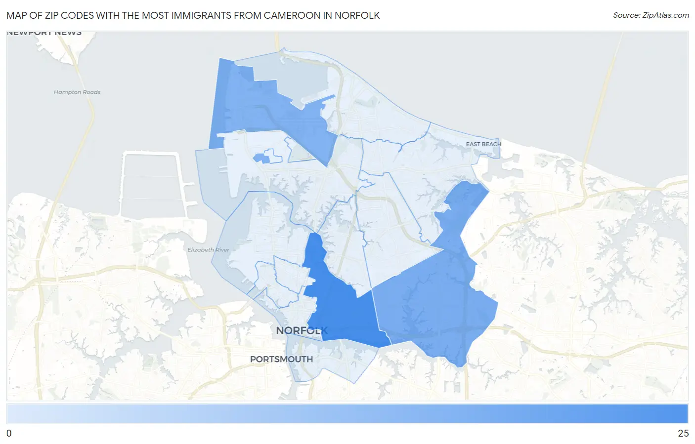 Zip Codes with the Most Immigrants from Cameroon in Norfolk Map