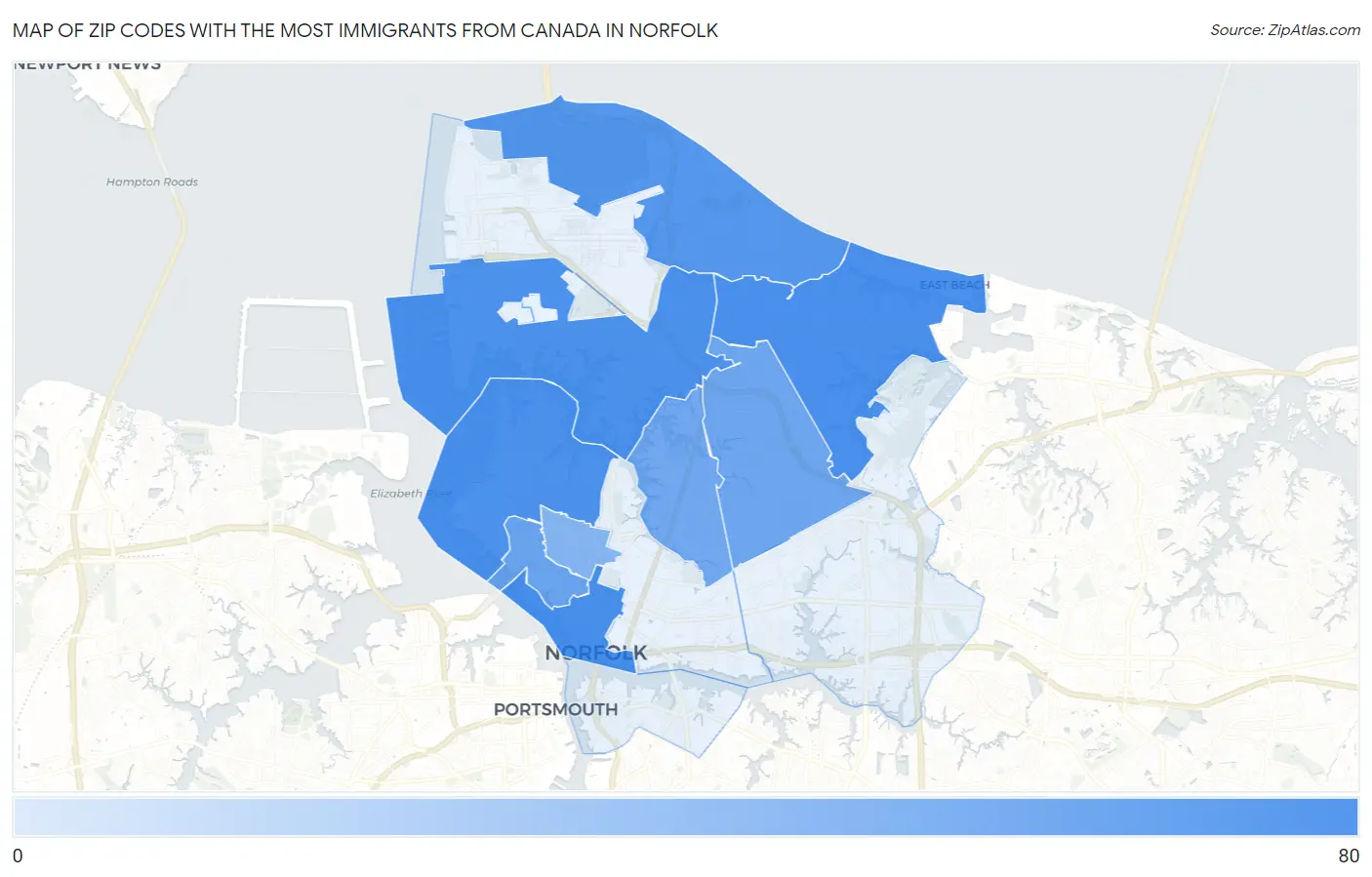 Zip Codes with the Most Immigrants from Canada in Norfolk Map
