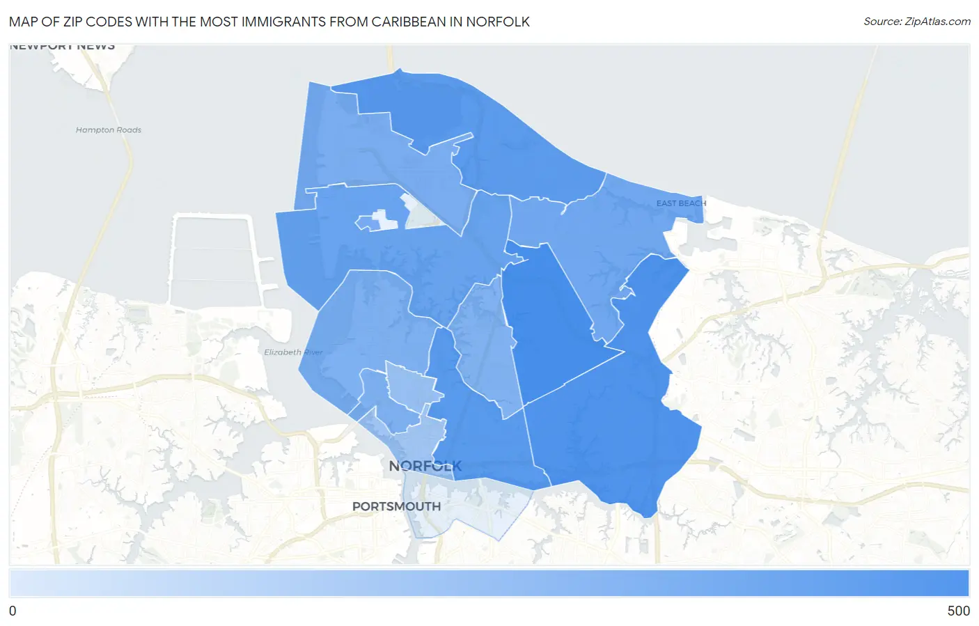 Zip Codes with the Most Immigrants from Caribbean in Norfolk Map