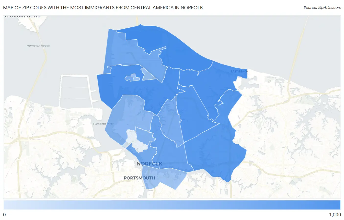 Zip Codes with the Most Immigrants from Central America in Norfolk Map