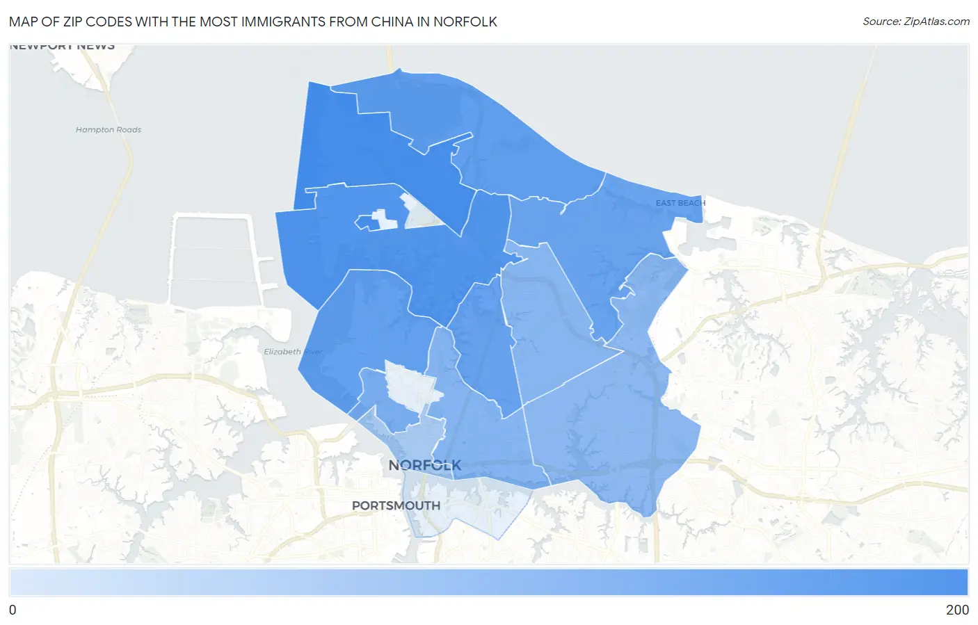 Zip Codes with the Most Immigrants from China in Norfolk Map