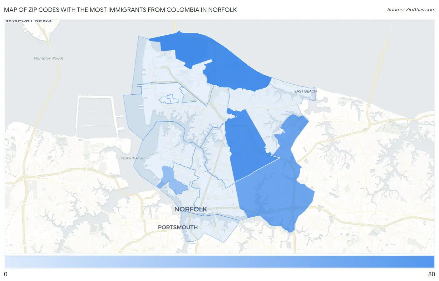 Zip Codes with the Most Immigrants from Colombia in Norfolk Map