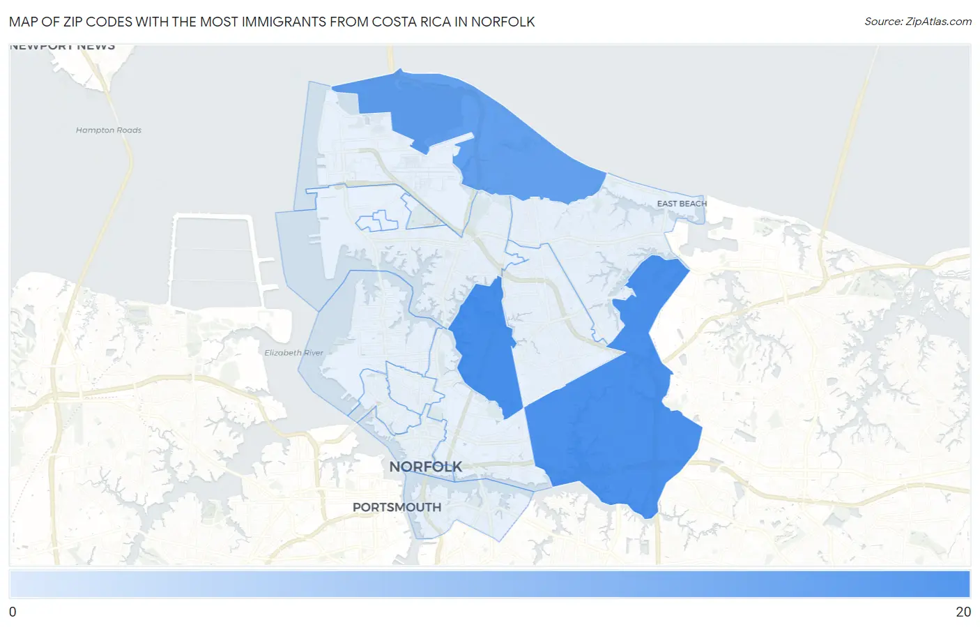 Zip Codes with the Most Immigrants from Costa Rica in Norfolk Map