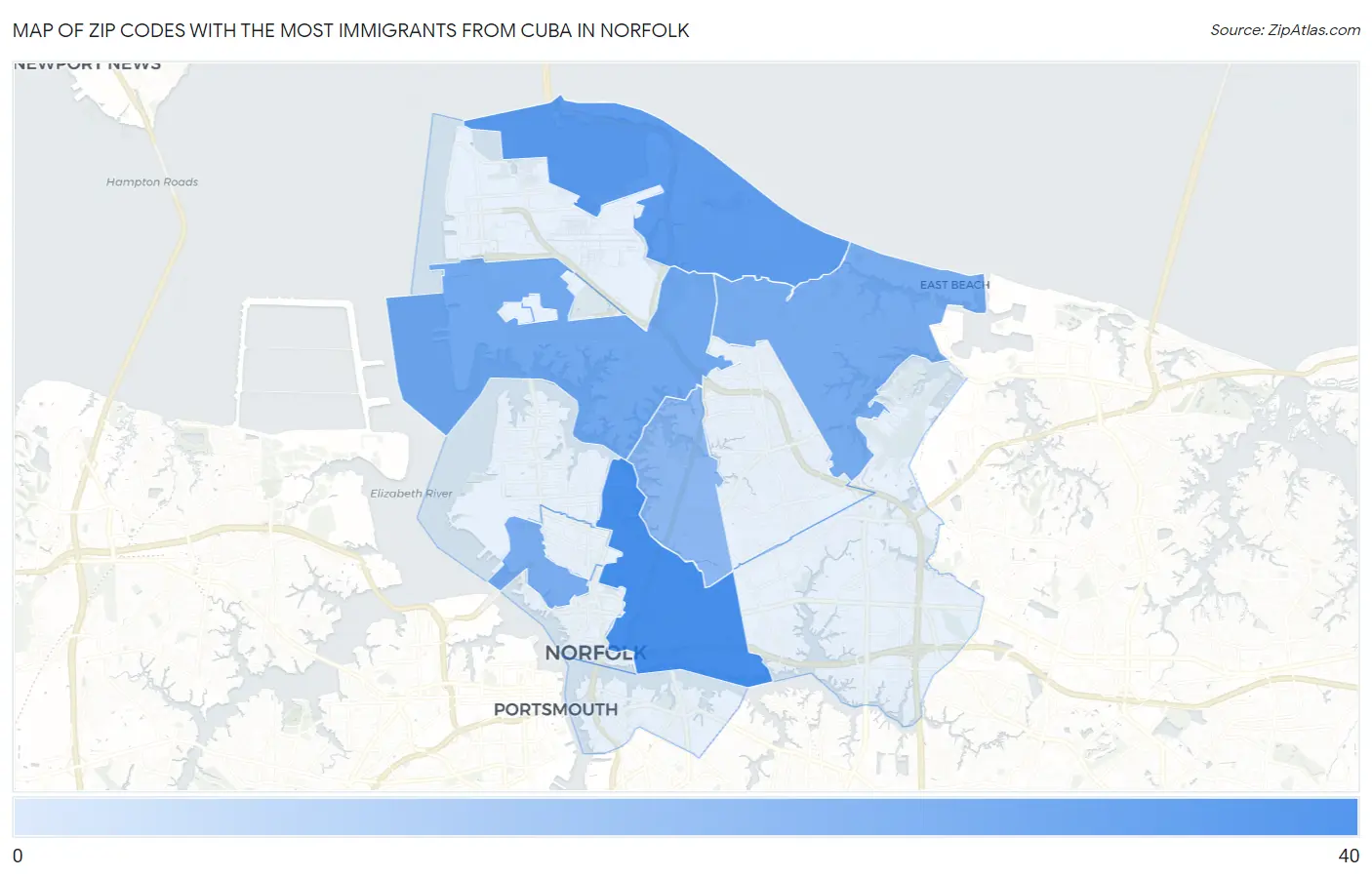 Zip Codes with the Most Immigrants from Cuba in Norfolk Map