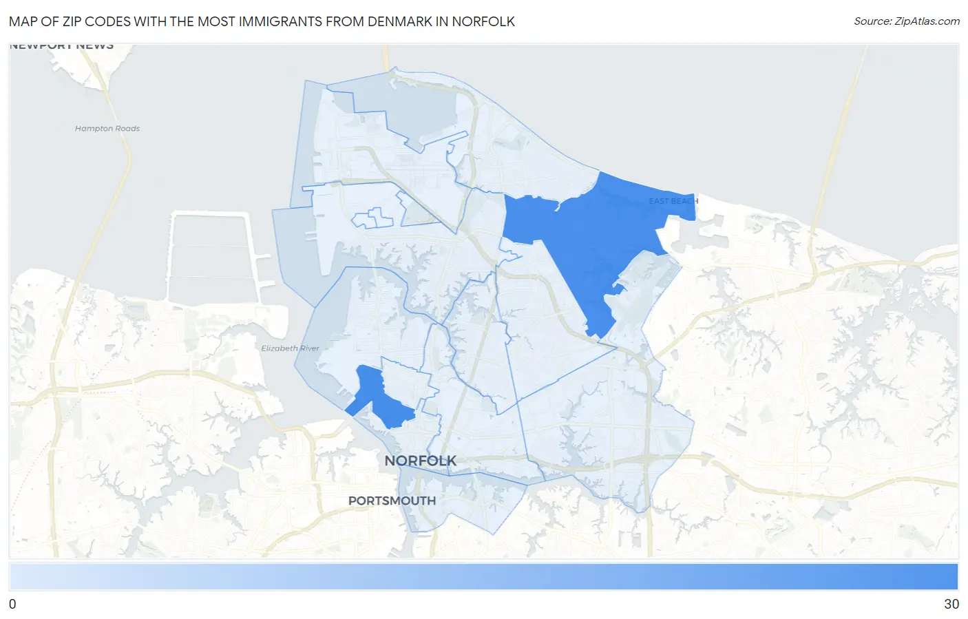 Zip Codes with the Most Immigrants from Denmark in Norfolk Map