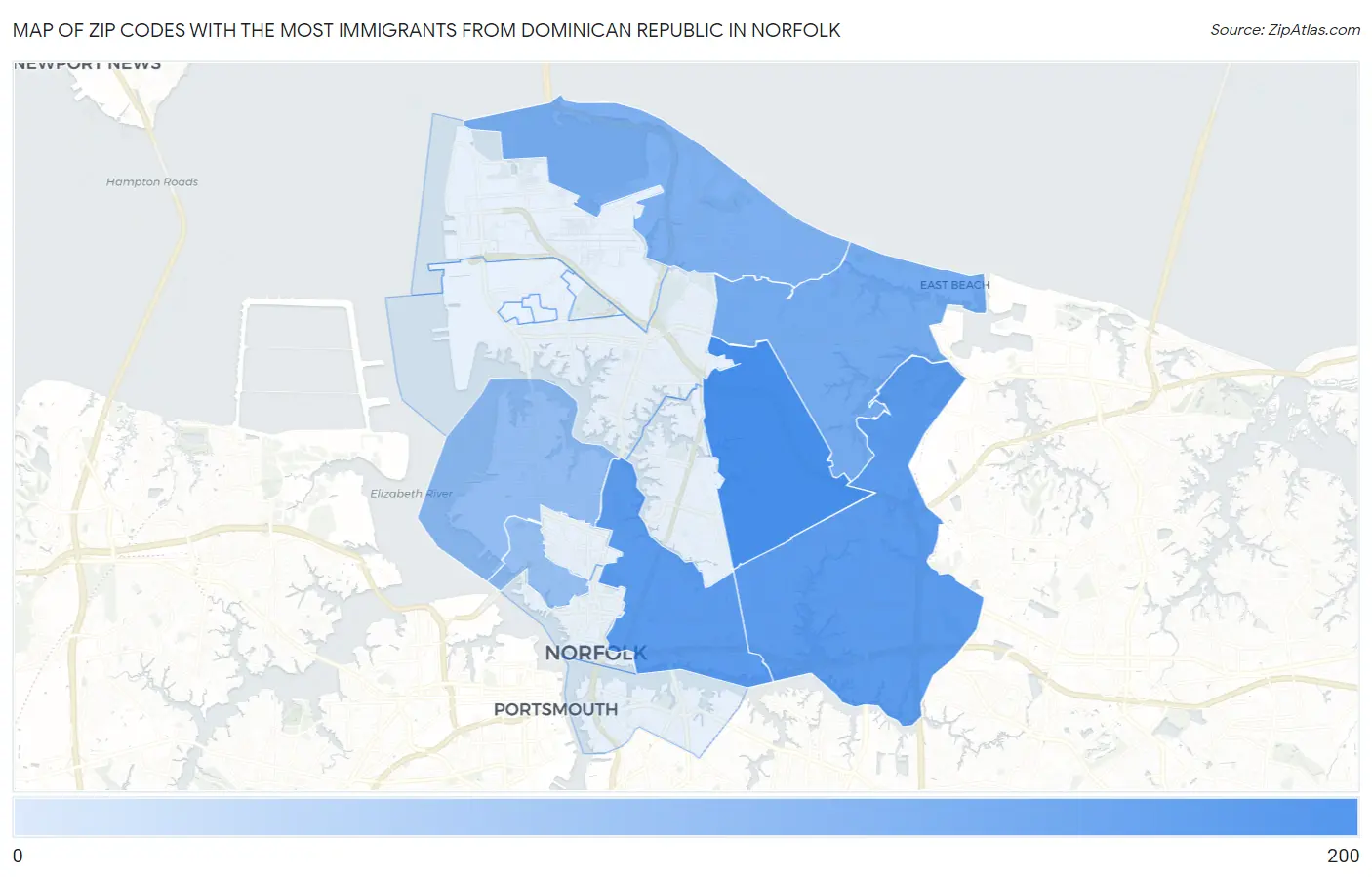 Zip Codes with the Most Immigrants from Dominican Republic in Norfolk Map