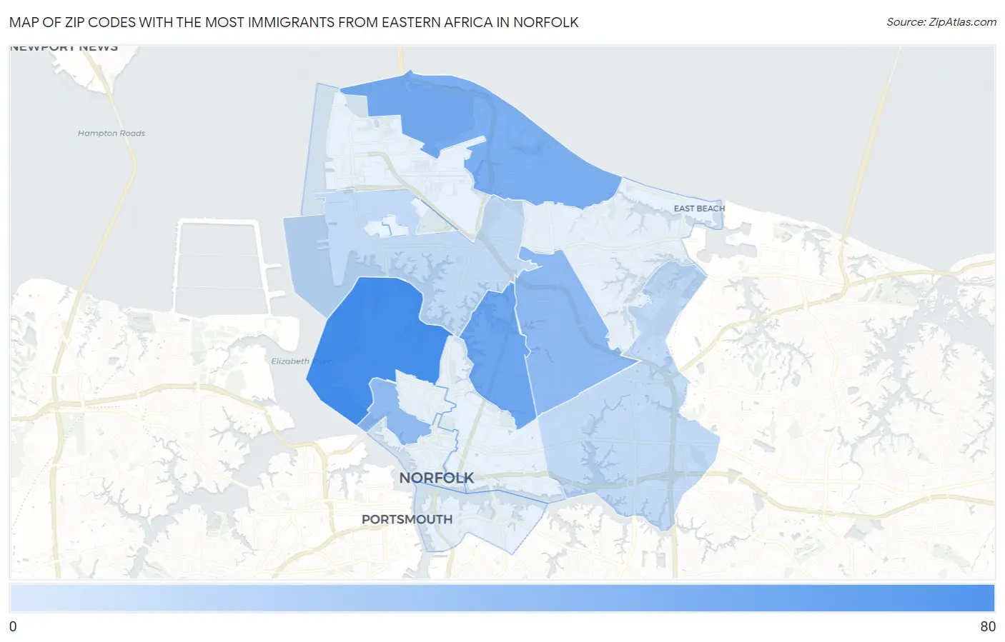 Zip Codes with the Most Immigrants from Eastern Africa in Norfolk Map