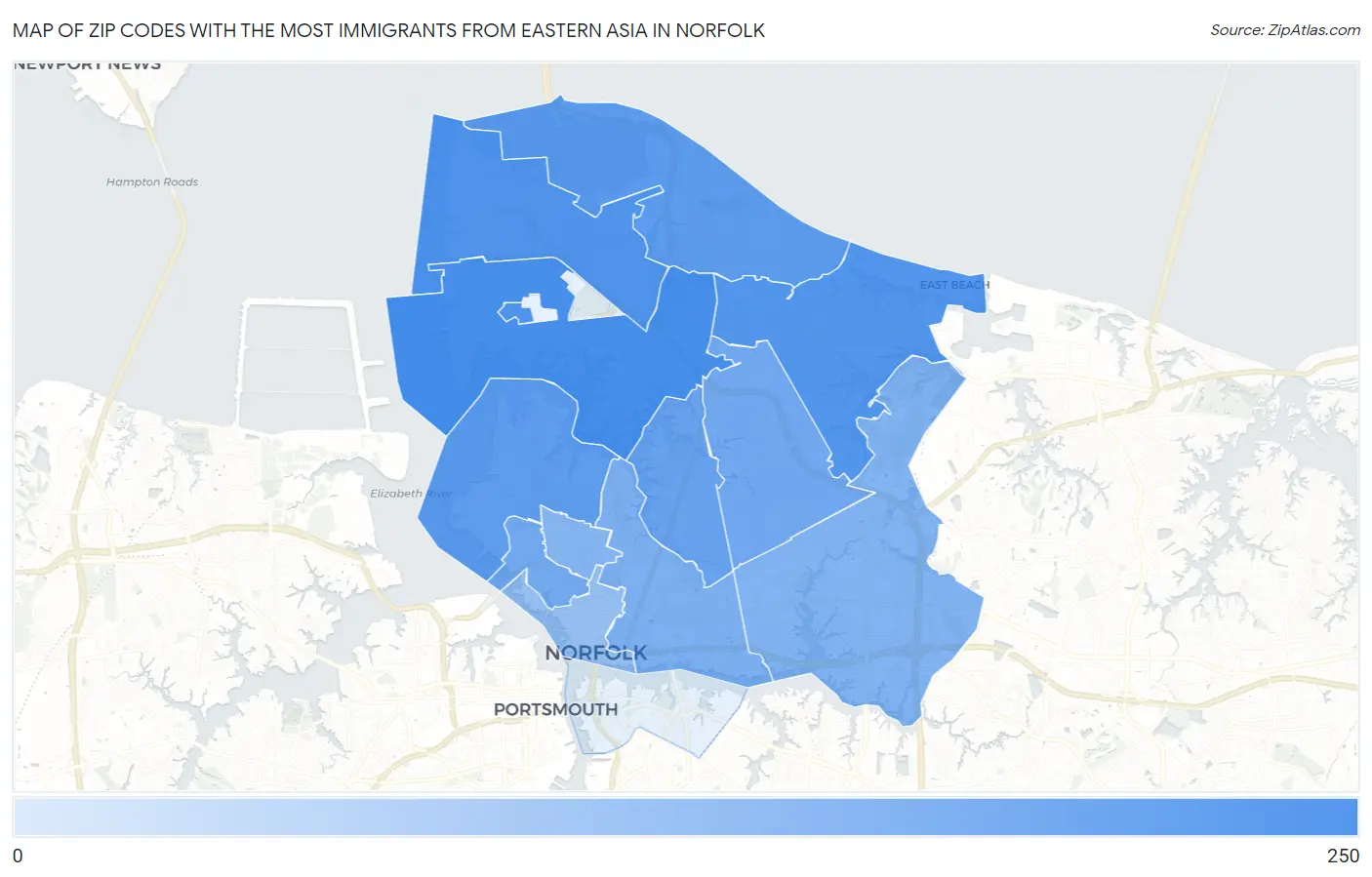 Zip Codes with the Most Immigrants from Eastern Asia in Norfolk Map
