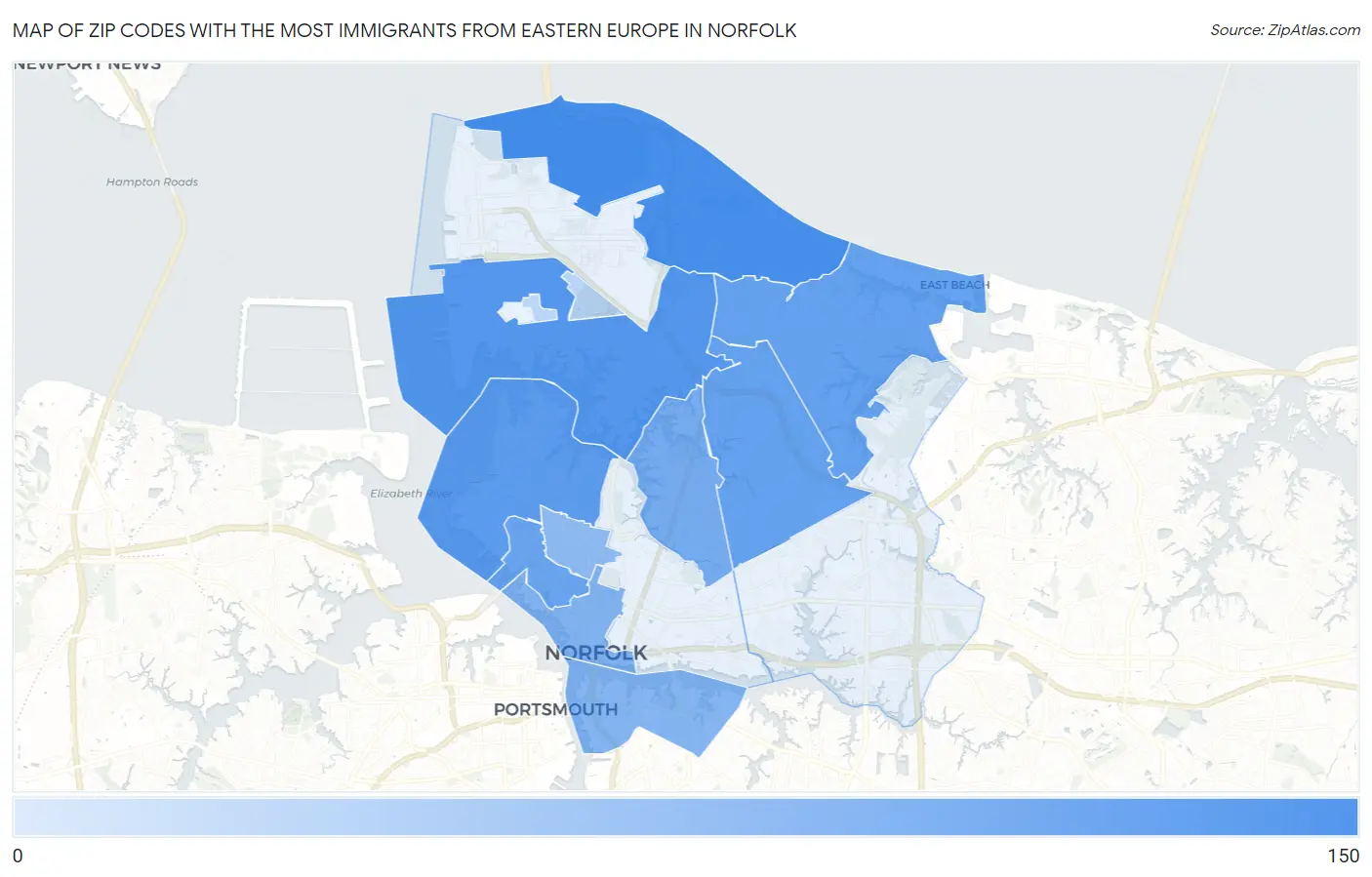 Zip Codes with the Most Immigrants from Eastern Europe in Norfolk Map