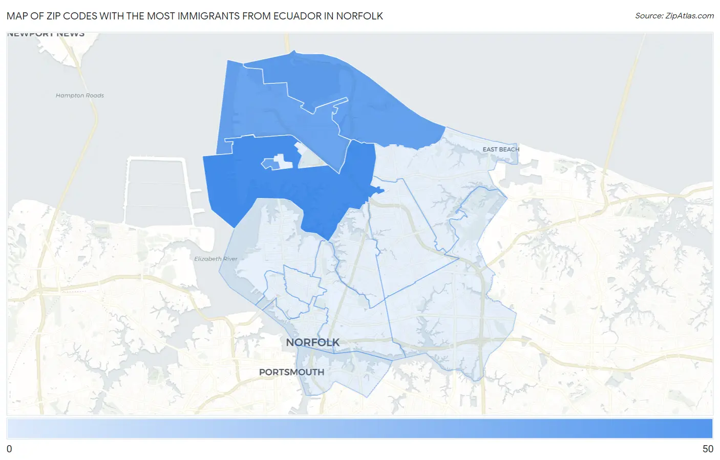 Zip Codes with the Most Immigrants from Ecuador in Norfolk Map
