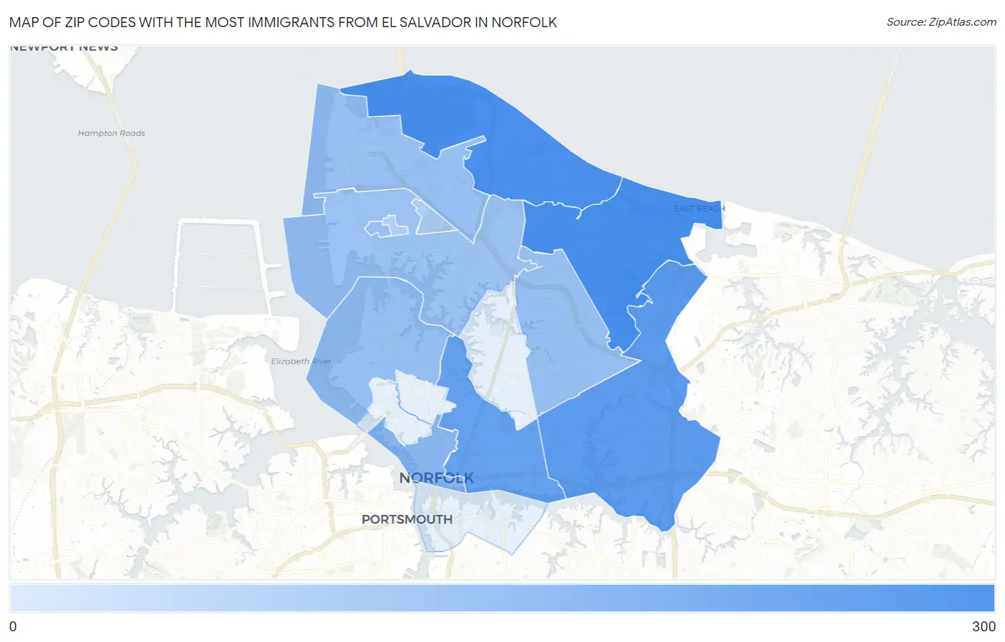 Zip Codes with the Most Immigrants from El Salvador in Norfolk Map