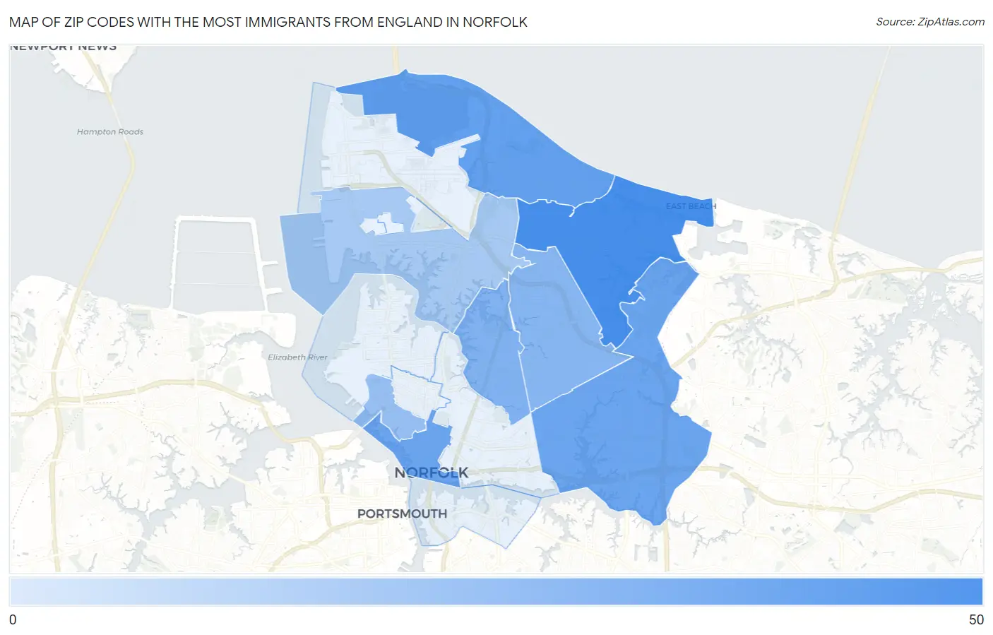Zip Codes with the Most Immigrants from England in Norfolk Map