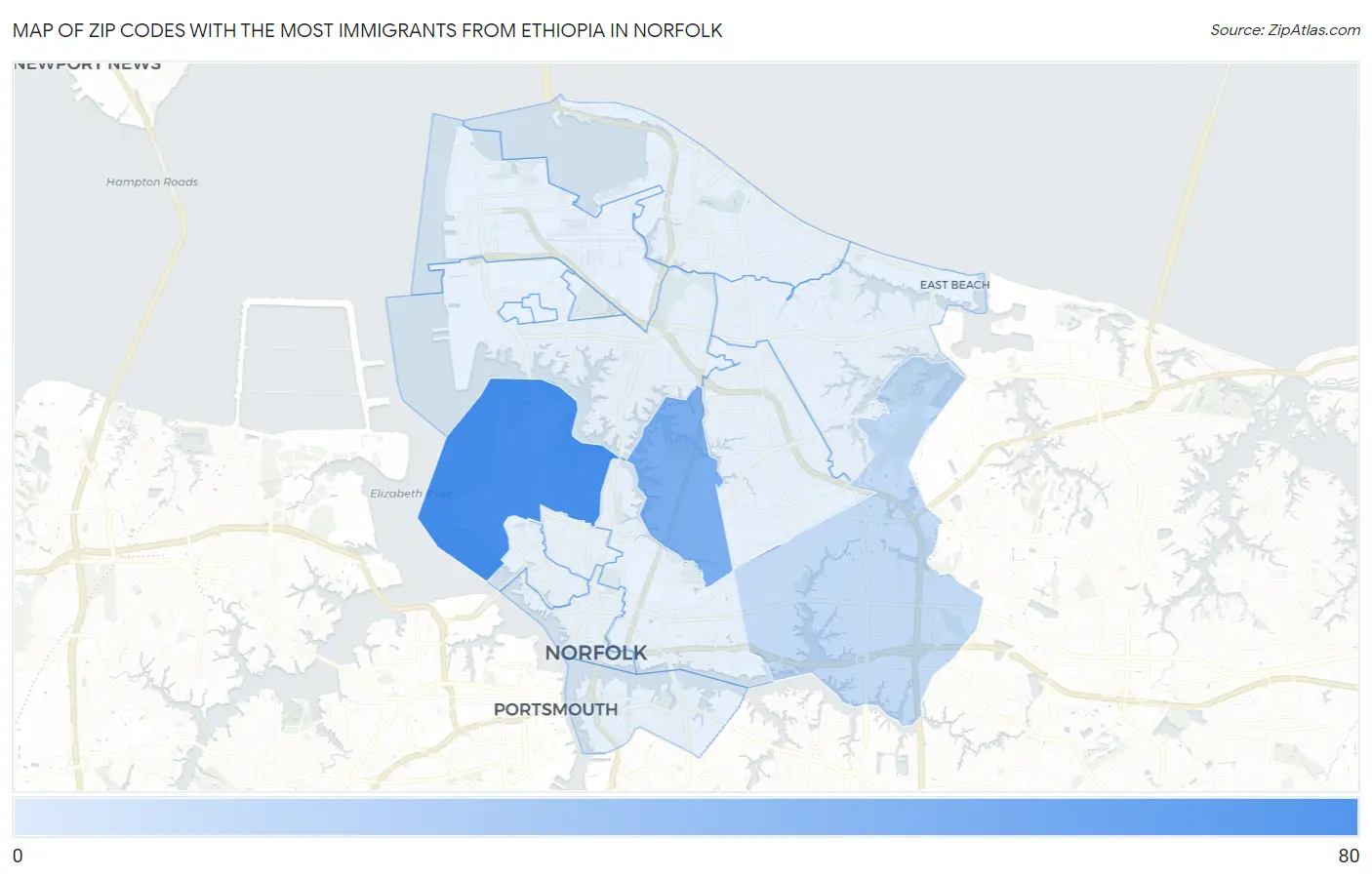 Zip Codes with the Most Immigrants from Ethiopia in Norfolk Map