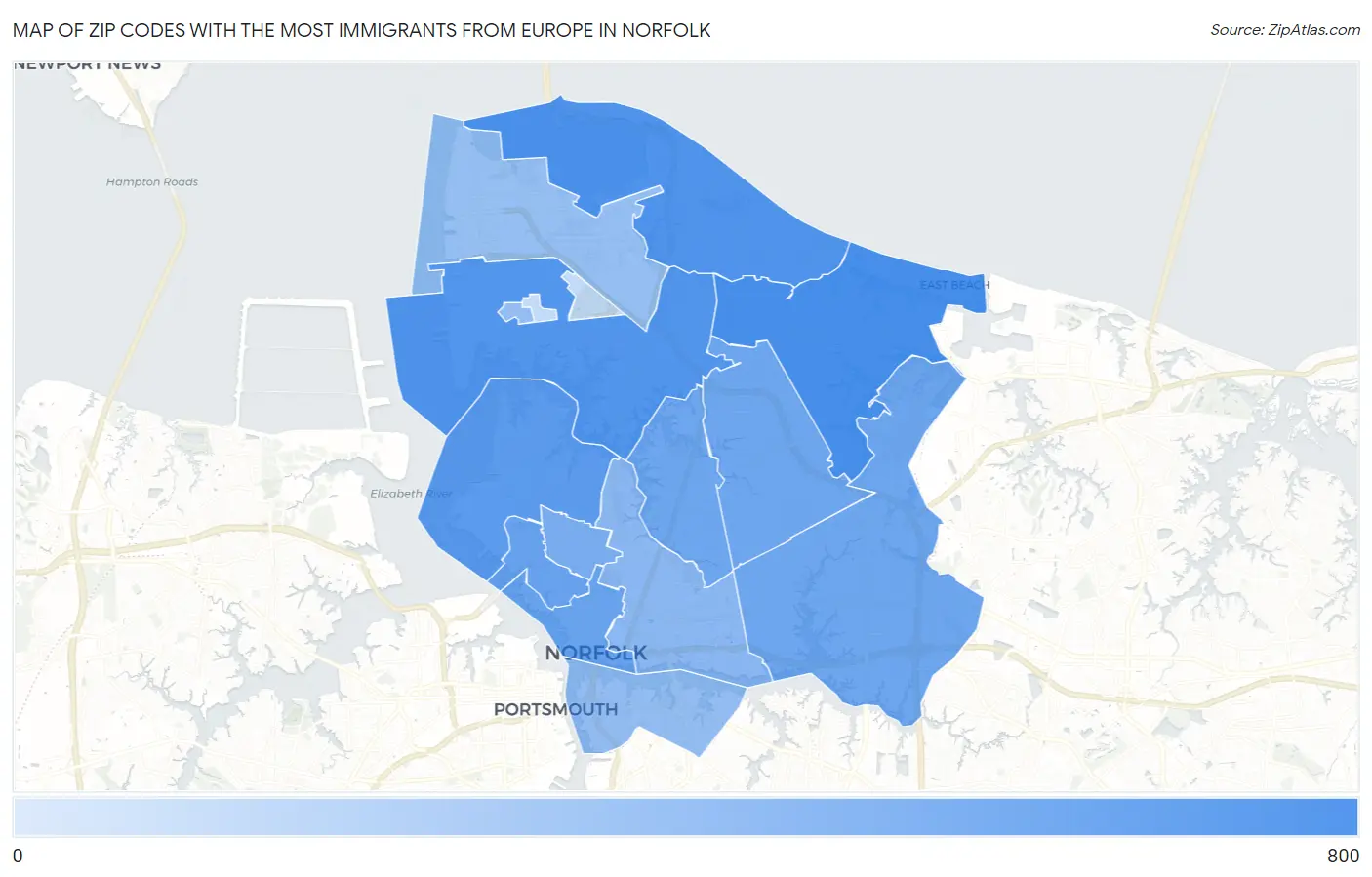 Zip Codes with the Most Immigrants from Europe in Norfolk Map