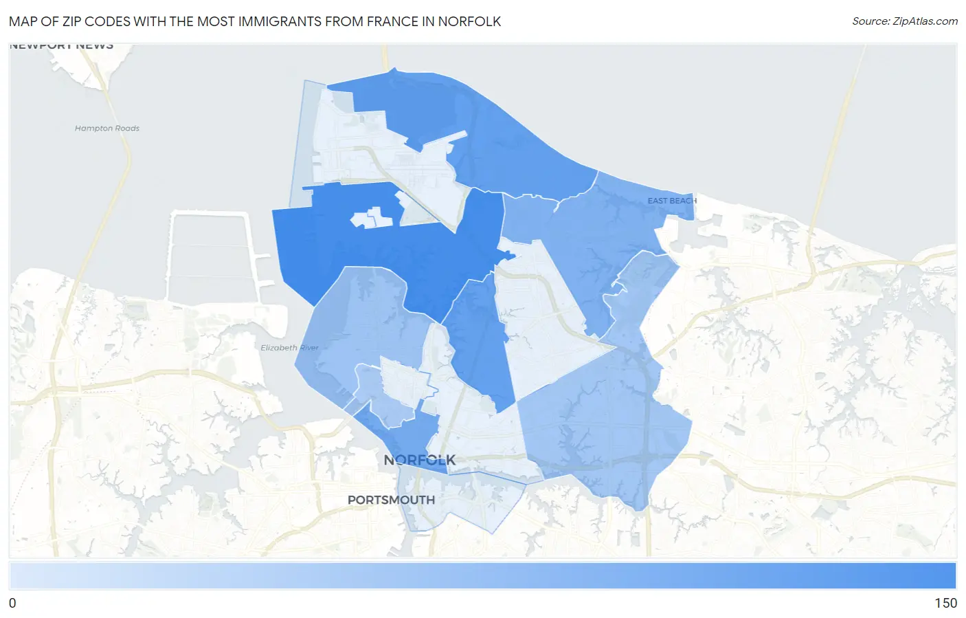 Zip Codes with the Most Immigrants from France in Norfolk Map
