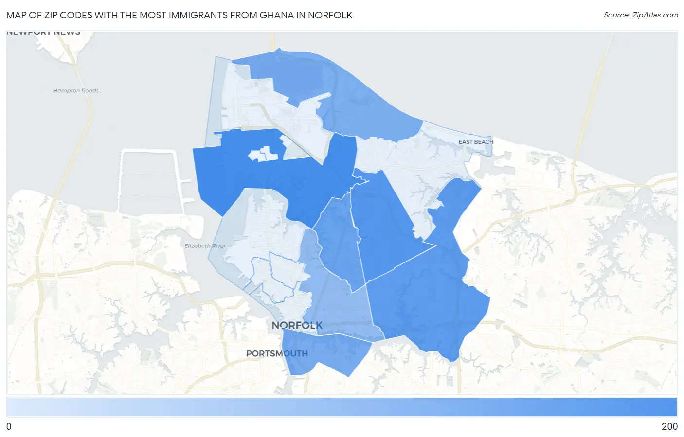 Zip Codes with the Most Immigrants from Ghana in Norfolk Map