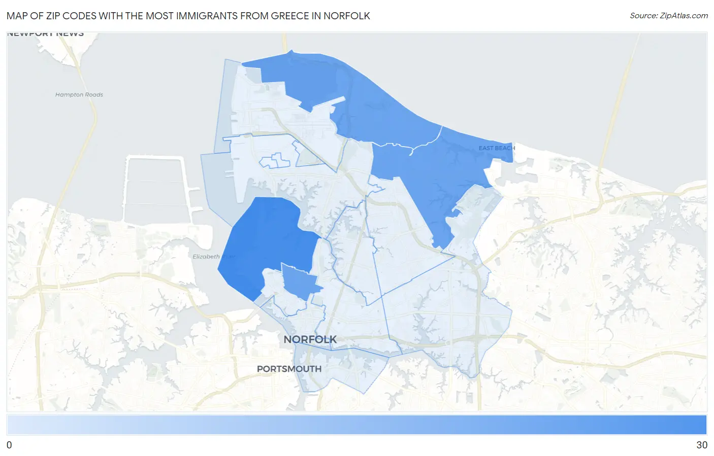 Zip Codes with the Most Immigrants from Greece in Norfolk Map