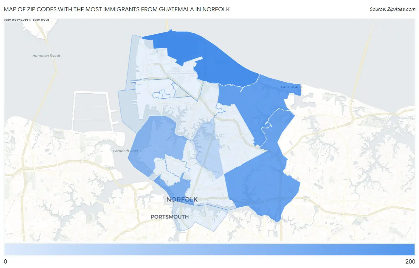 Zip Codes with the Most Immigrants from Guatemala in Norfolk Map