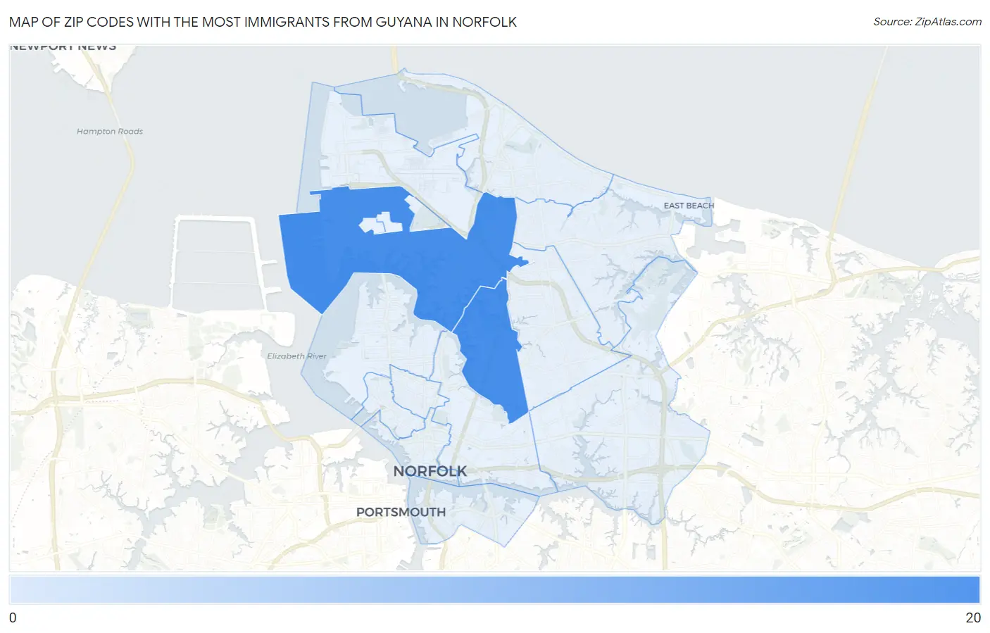 Zip Codes with the Most Immigrants from Guyana in Norfolk Map