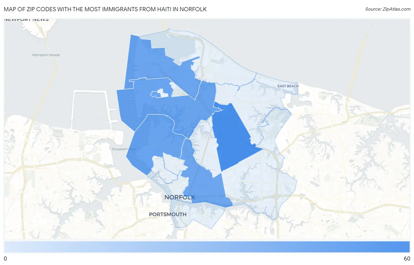 Zip Codes with the Most Immigrants from Haiti in Norfolk Map