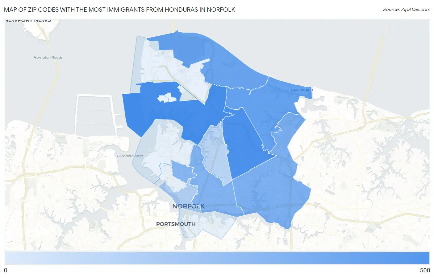 Zip Codes with the Most Immigrants from Honduras in Norfolk Map