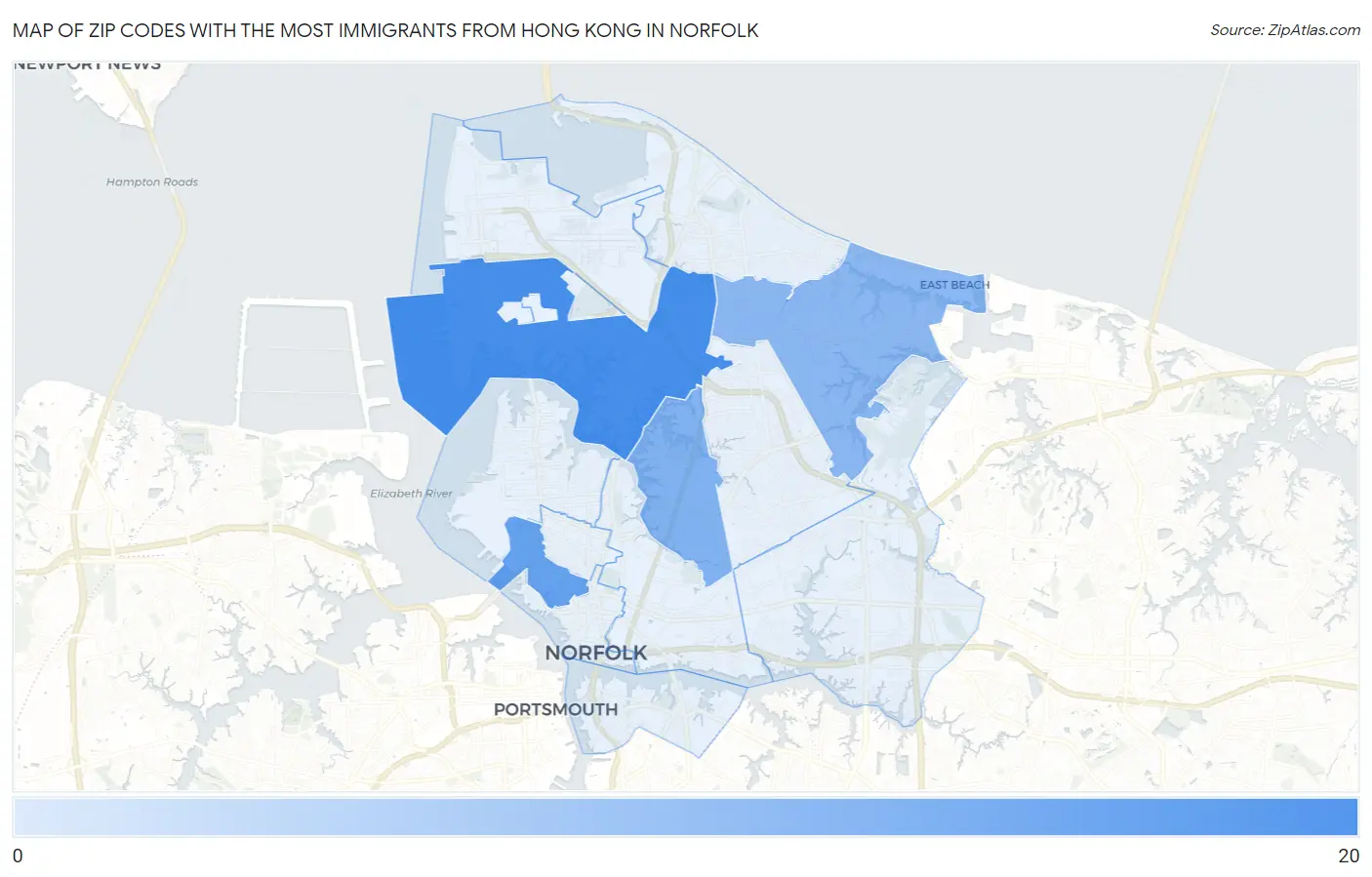 Zip Codes with the Most Immigrants from Hong Kong in Norfolk Map