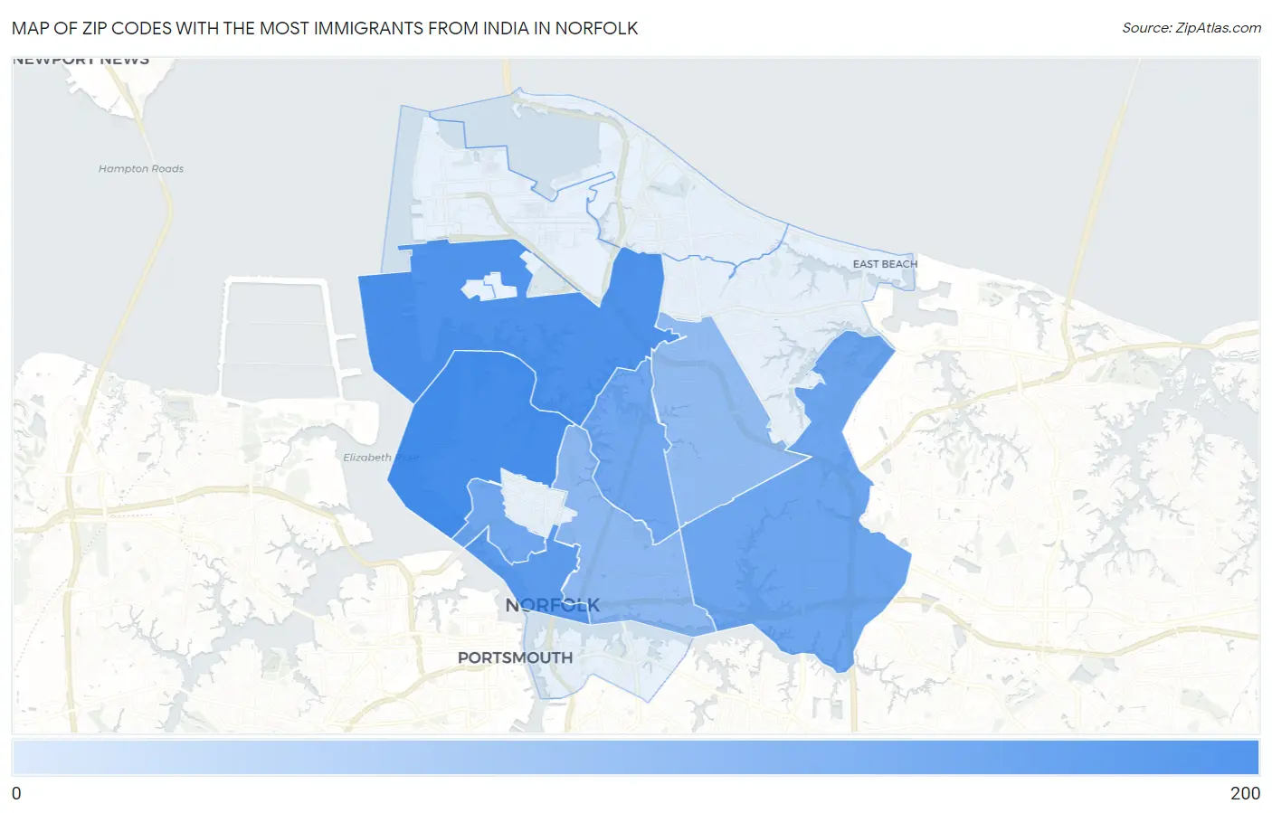 Zip Codes with the Most Immigrants from India in Norfolk Map