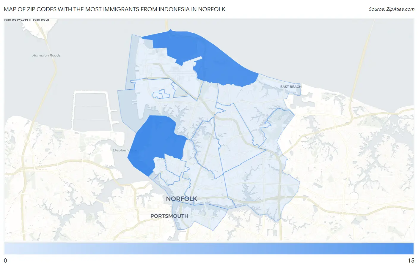 Zip Codes with the Most Immigrants from Indonesia in Norfolk Map