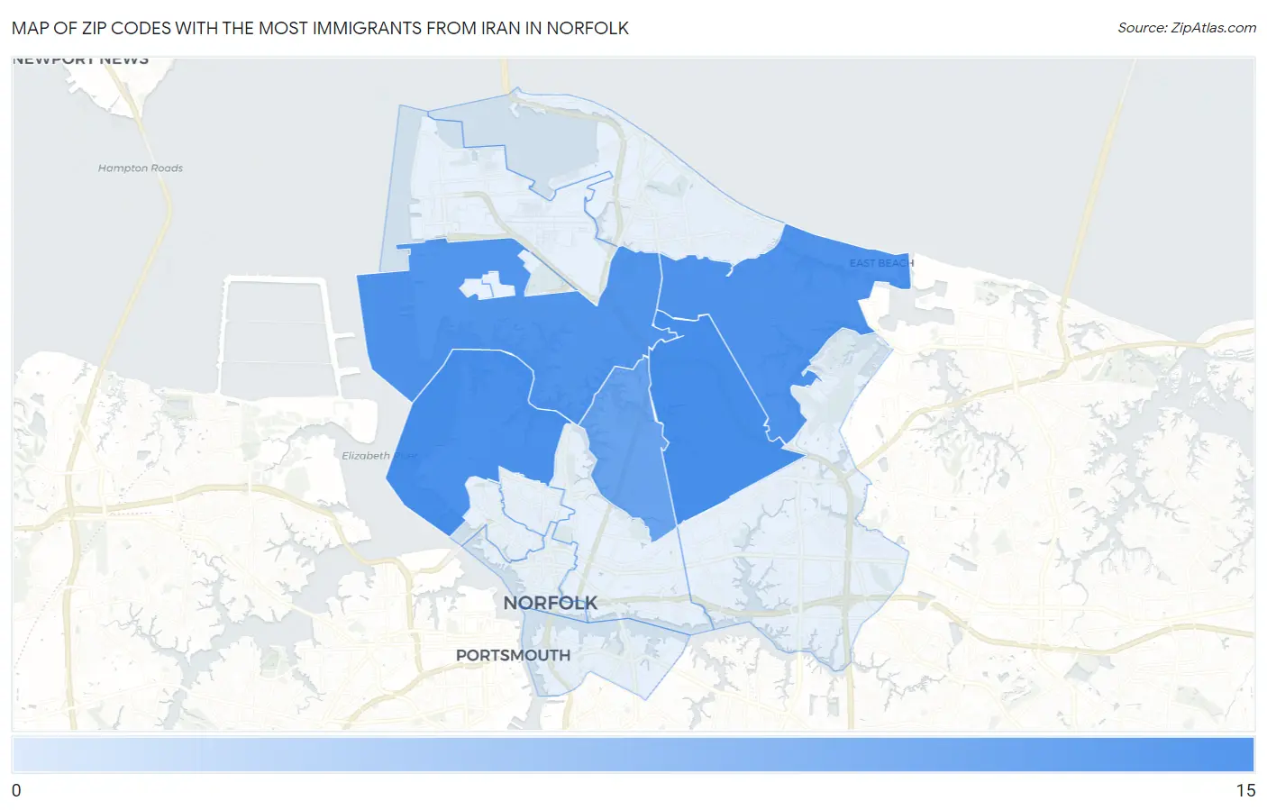 Zip Codes with the Most Immigrants from Iran in Norfolk Map