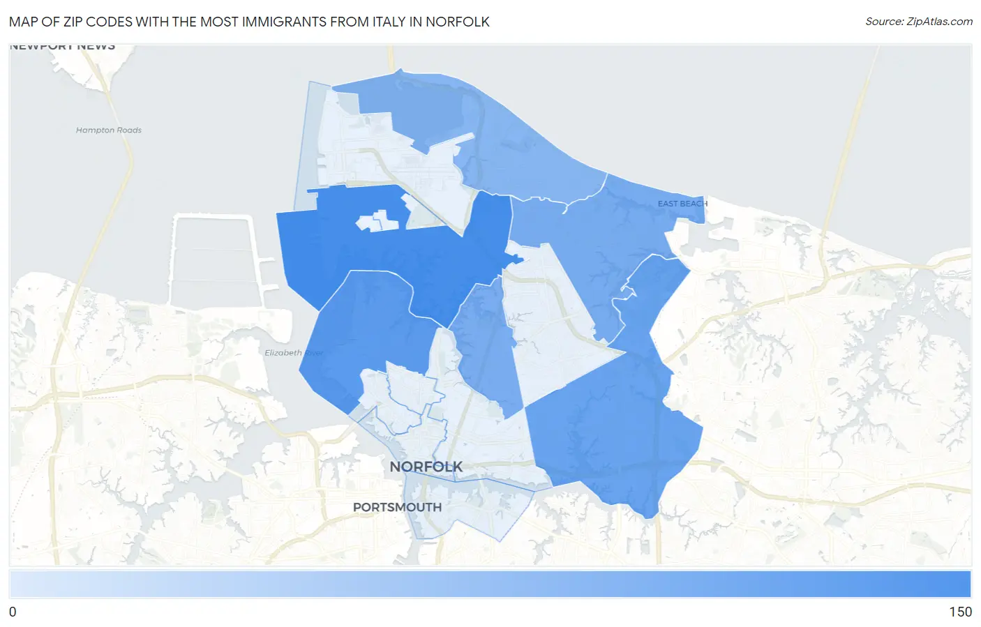 Zip Codes with the Most Immigrants from Italy in Norfolk Map