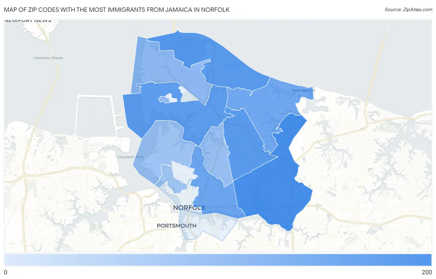 Zip Codes with the Most Immigrants from Jamaica in Norfolk Map