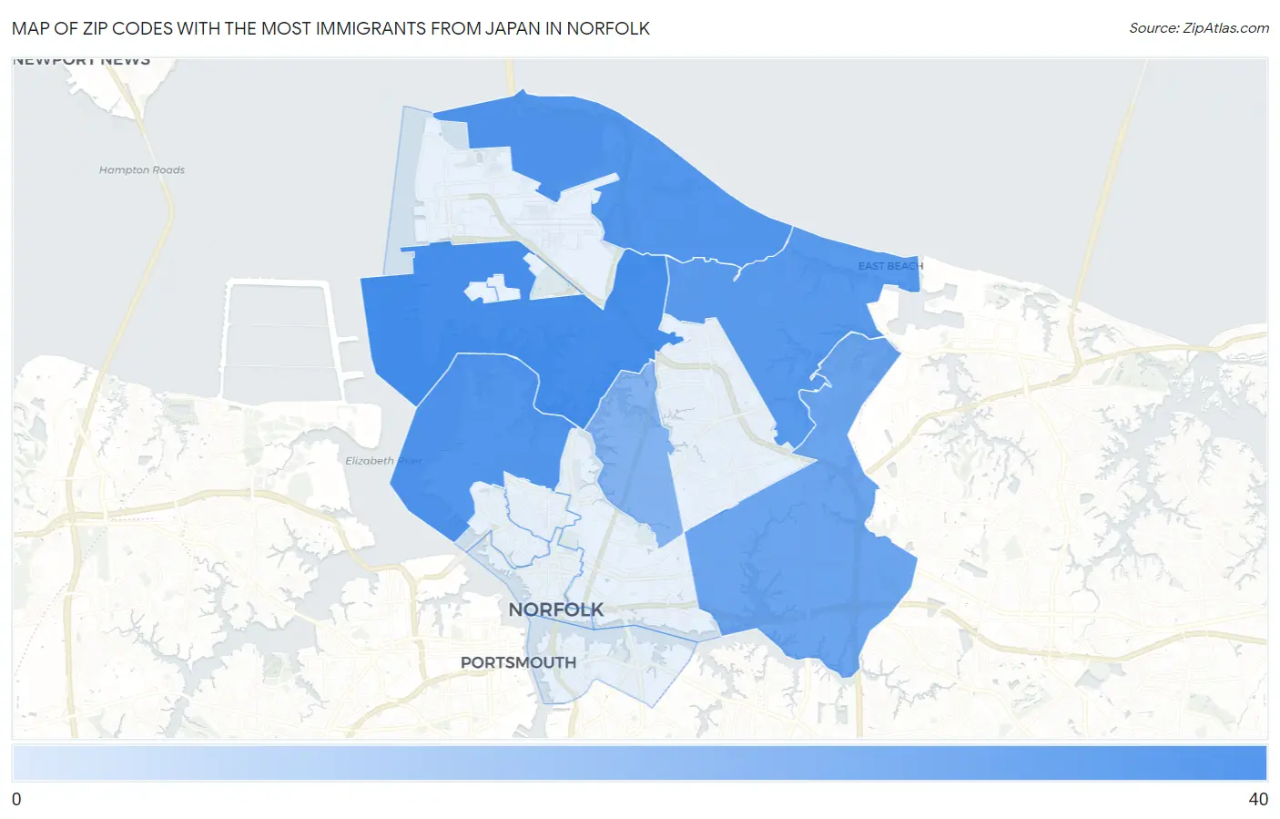 Zip Codes with the Most Immigrants from Japan in Norfolk Map