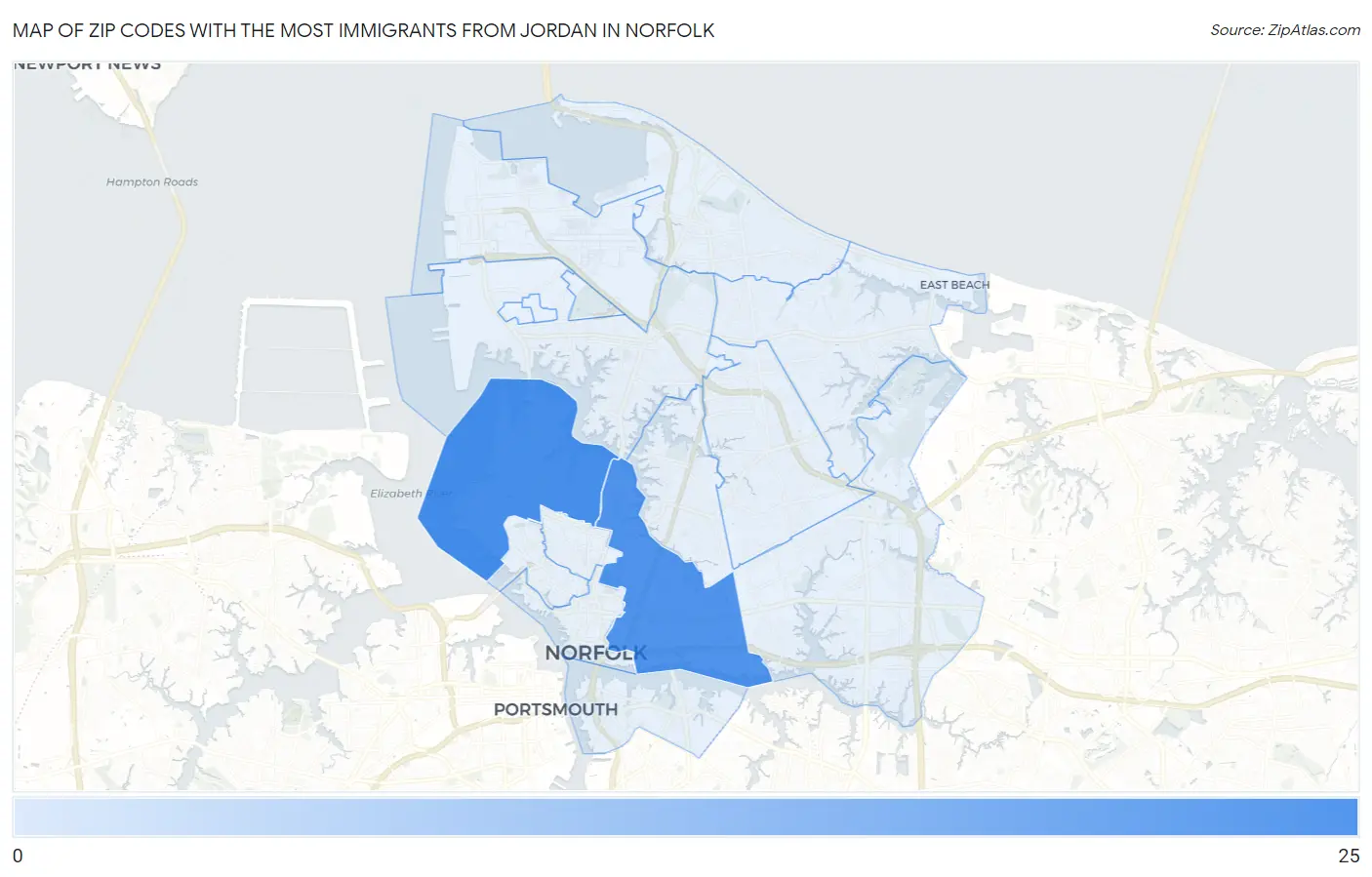 Zip Codes with the Most Immigrants from Jordan in Norfolk Map
