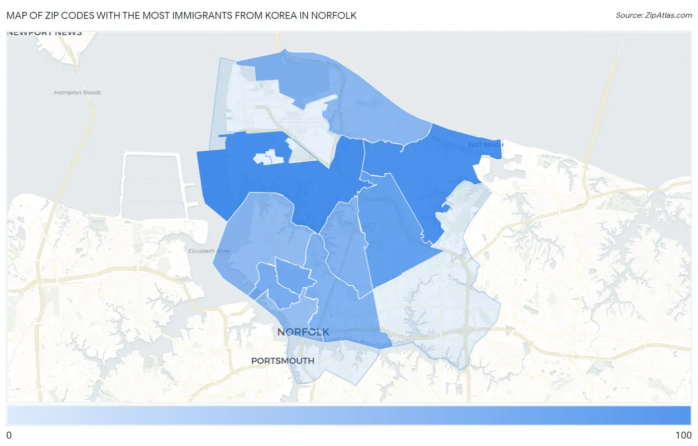 Zip Codes with the Most Immigrants from Korea in Norfolk Map