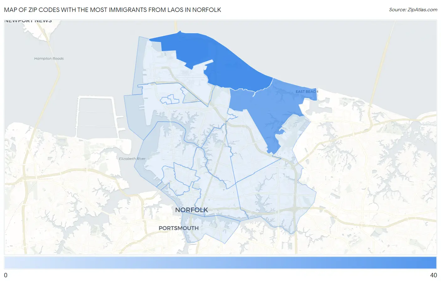 Zip Codes with the Most Immigrants from Laos in Norfolk Map